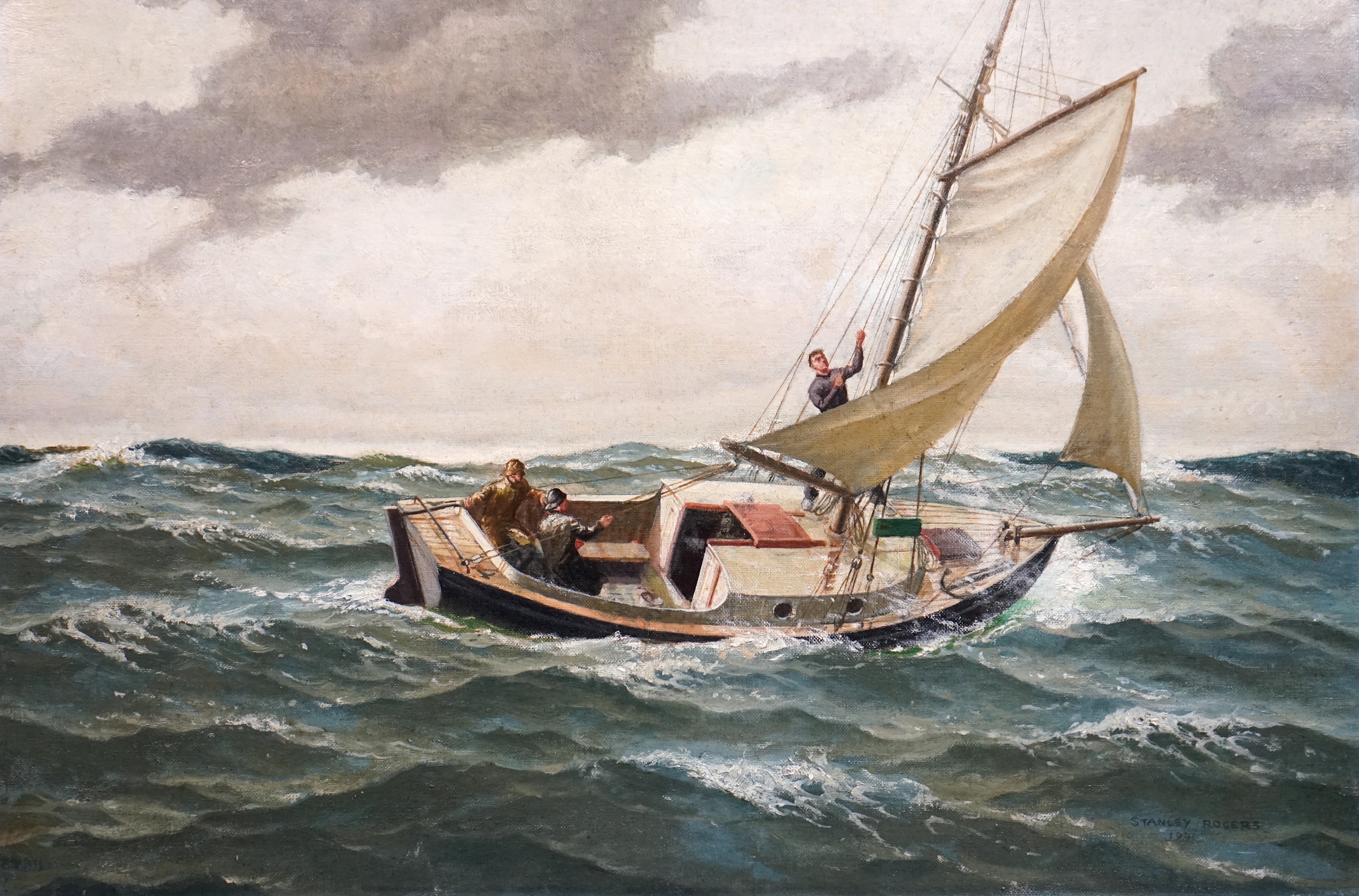Stanley Rogers RSMA, 'This is the life', Yachtsmen at sea, oil on board, 50 x 77cm, unframed